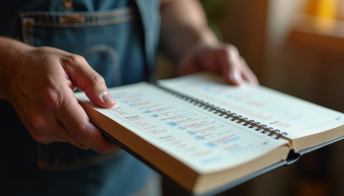 A close-up of a tradesperson's weathered hands holding an open appointment book filled with booked scheduling entries, illuminated by warm morning light.