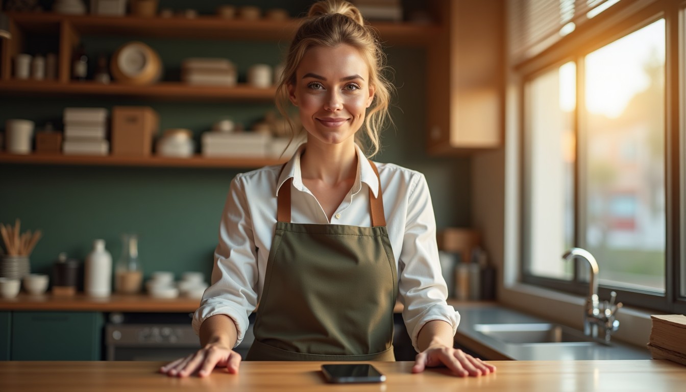 A woman in her forties wearing a work apron stands behind a shop counter with her hands resting on the surface, looking directly forward with a confident expression, while a phone lights up beside her and organized shelves line the wall behind her.
