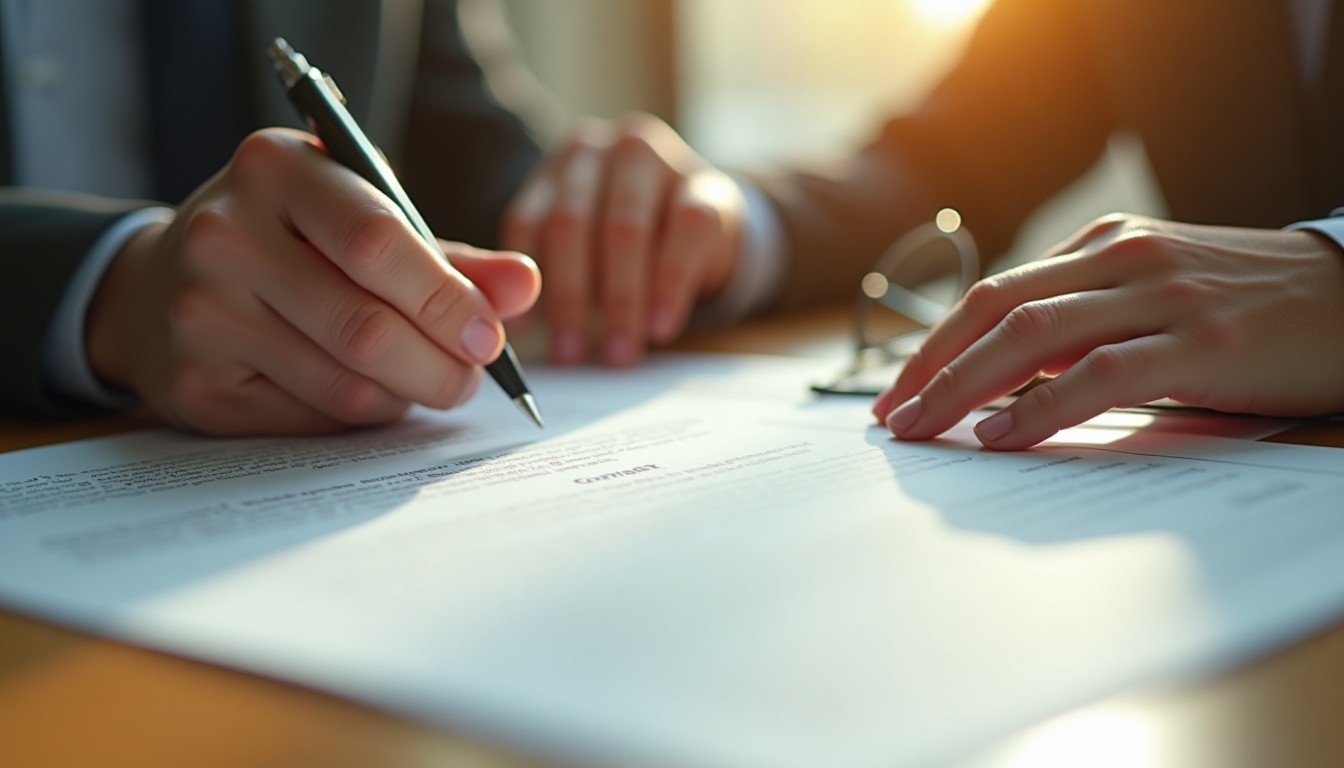 A pair of hands carefully reads through a multi-page document on a wooden desk, with a pair of reading glasses resting nearby and soft warm afternoon light casting gentle shadows across the pages.