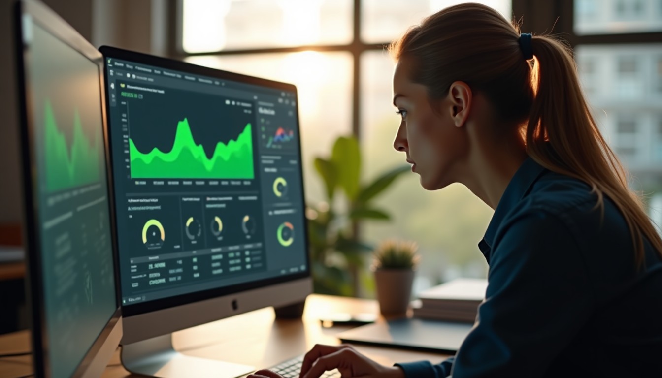 A small business owner leans toward a computer monitor displaying a dashboard with green performance metrics, viewed from over their shoulder in a warmly lit office with natural daylight coming through a nearby window.