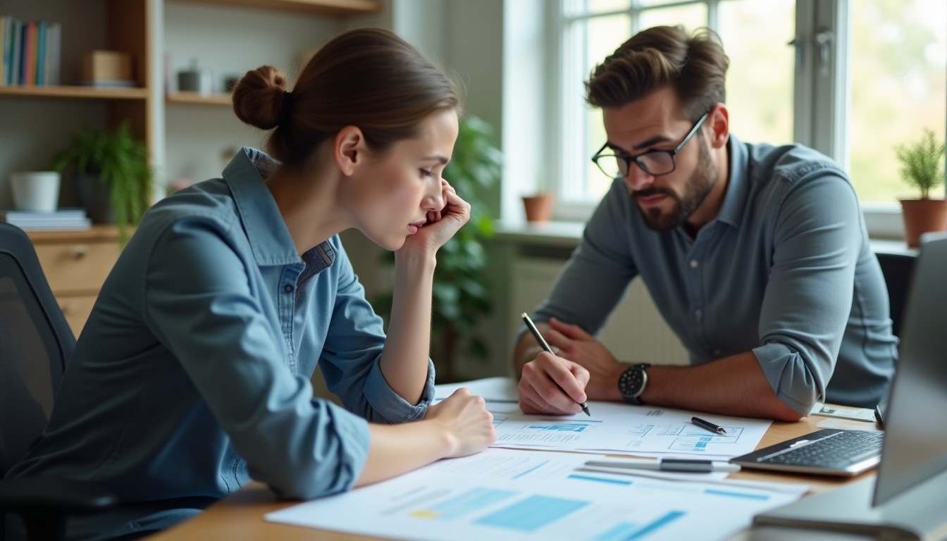 A small-business owner leans forward across a desk in a bright modern office, reviewing printed marketing reports and analytics papers spread out in front of them with a focused, questioning expression.