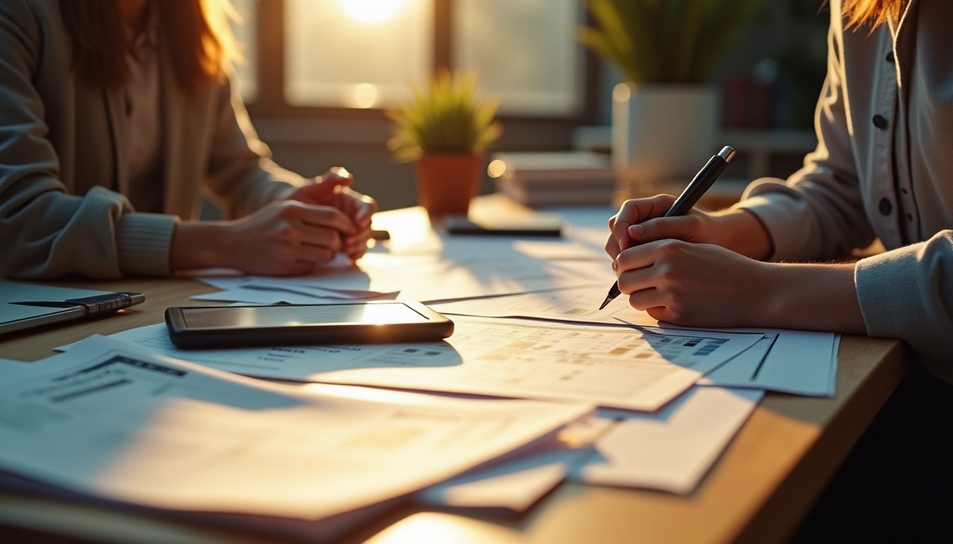 A cluttered desk covered with printed reports, crumpled paper drafts, and loose sketches, bathed in warm late-afternoon sunlight that casts long shadows across the scattered papers and a calendar open to a page marked with handwritten notes.