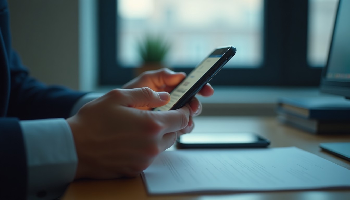 A person's hands gripping the edge of a wooden desk, with a glowing phone screen and an office window in the background suggesting late afternoon light.