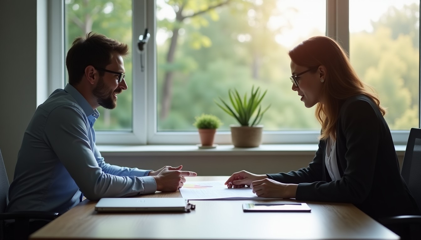 A small business owner leans forward across a modern office table toward a marketing strategist, who points to sections of a printed document lying between them, as natural light from a nearby window illuminates both of their focused, engaged expressions.