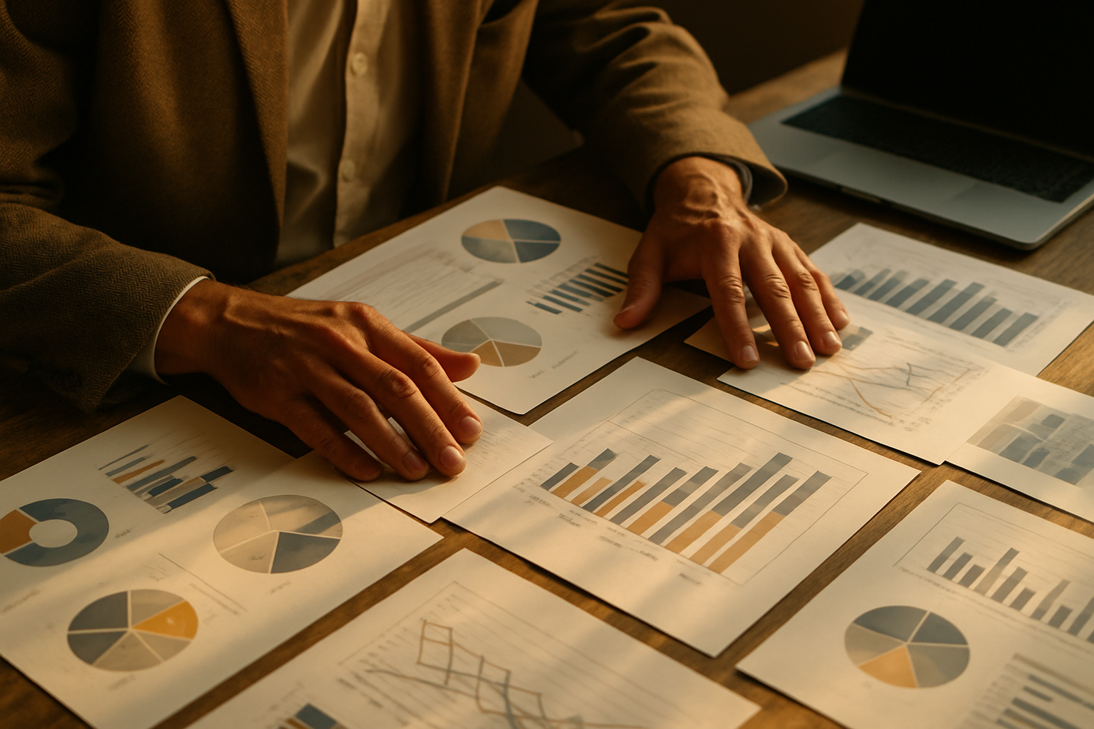 A pair of weathered hands hover over a collection of printed campaign reports and performance charts spread across a worn wooden desk, with morning light casting sharp shadows across the papers.