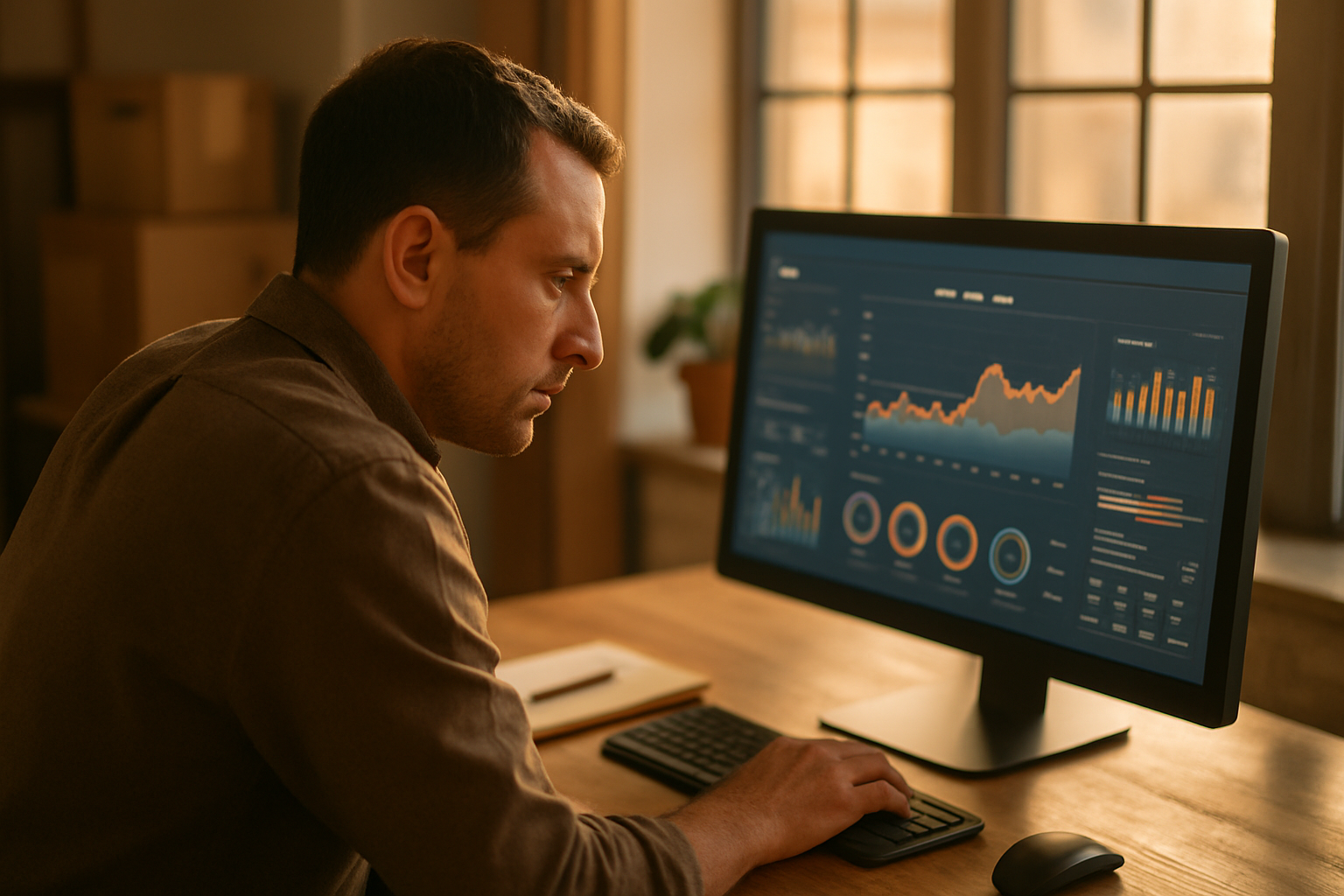A small-business owner sits at a desk and leans forward to closely examine a glowing monitor displaying charts and data visualizations, with warm morning sunlight streaming through windows behind them.