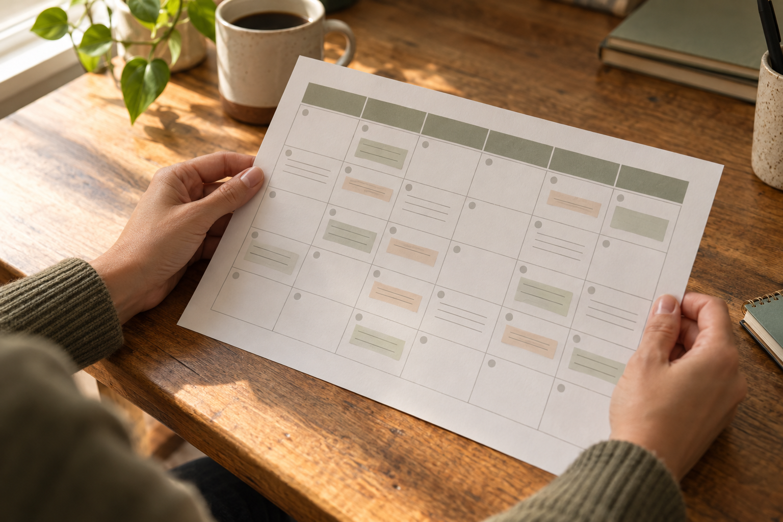 A person's hands hold a printed content calendar on a wooden desk, with weekly posting dates marked in neat boxes and soft morning sunlight casting gentle shadows across the planner.