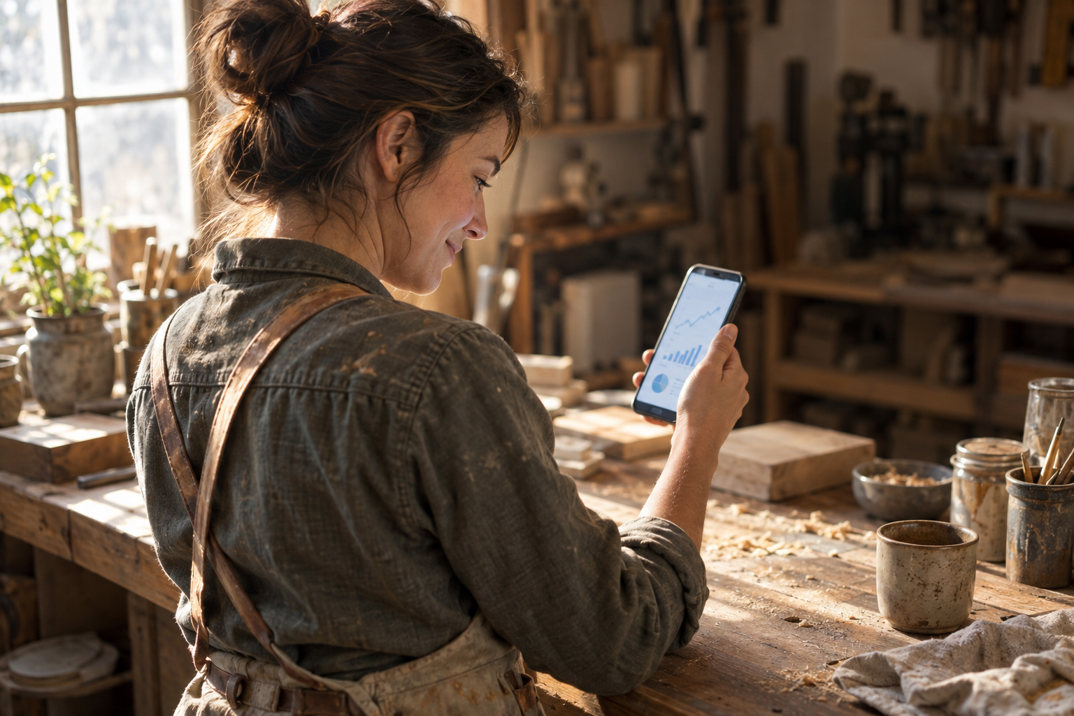 A small-business owner leans against a workshop counter and looks at social media analytics displayed on their phone, with a candid expression of recognition on their face.